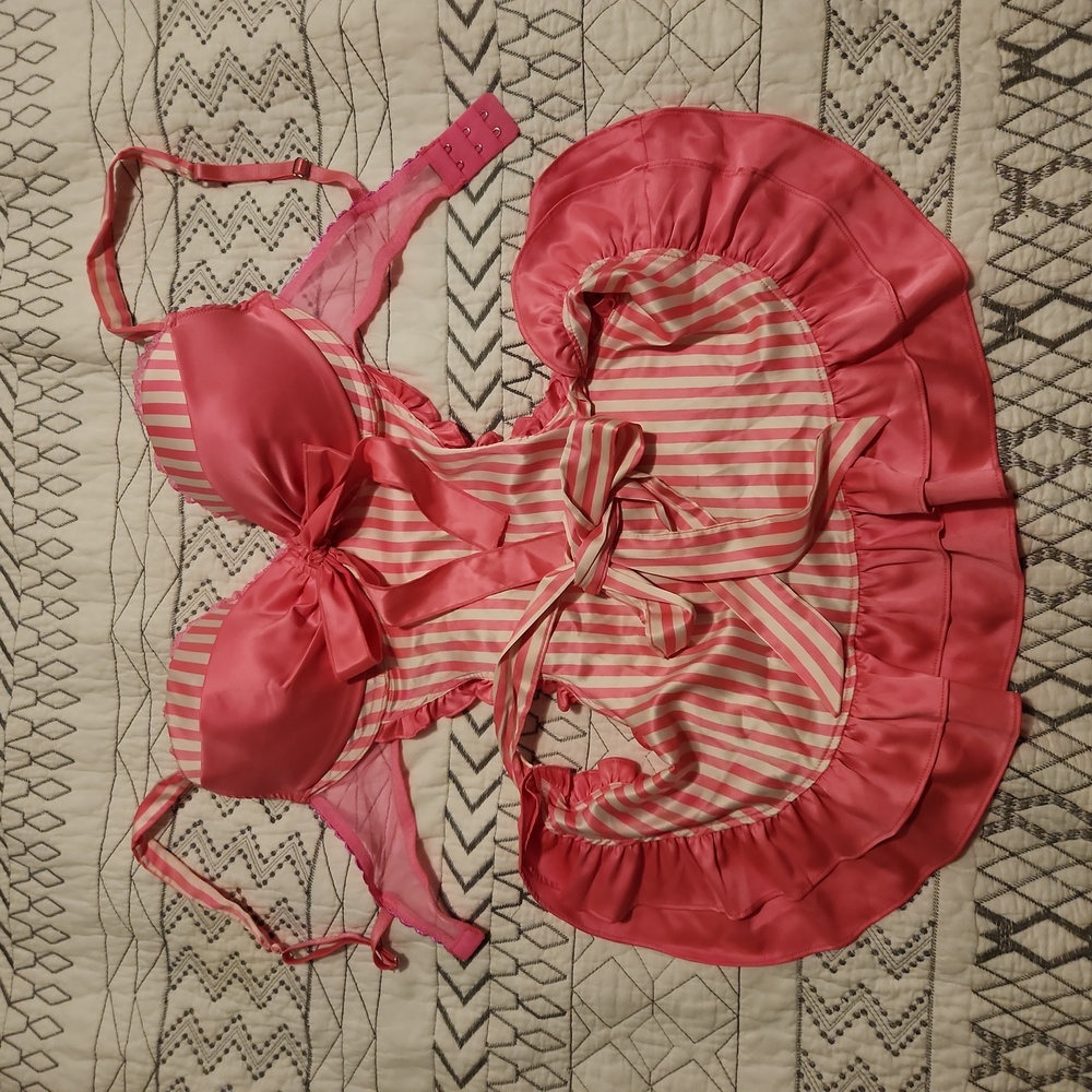 Victoria's Secret Pink Striped Satin Lingerie Chemise with Bow Detail